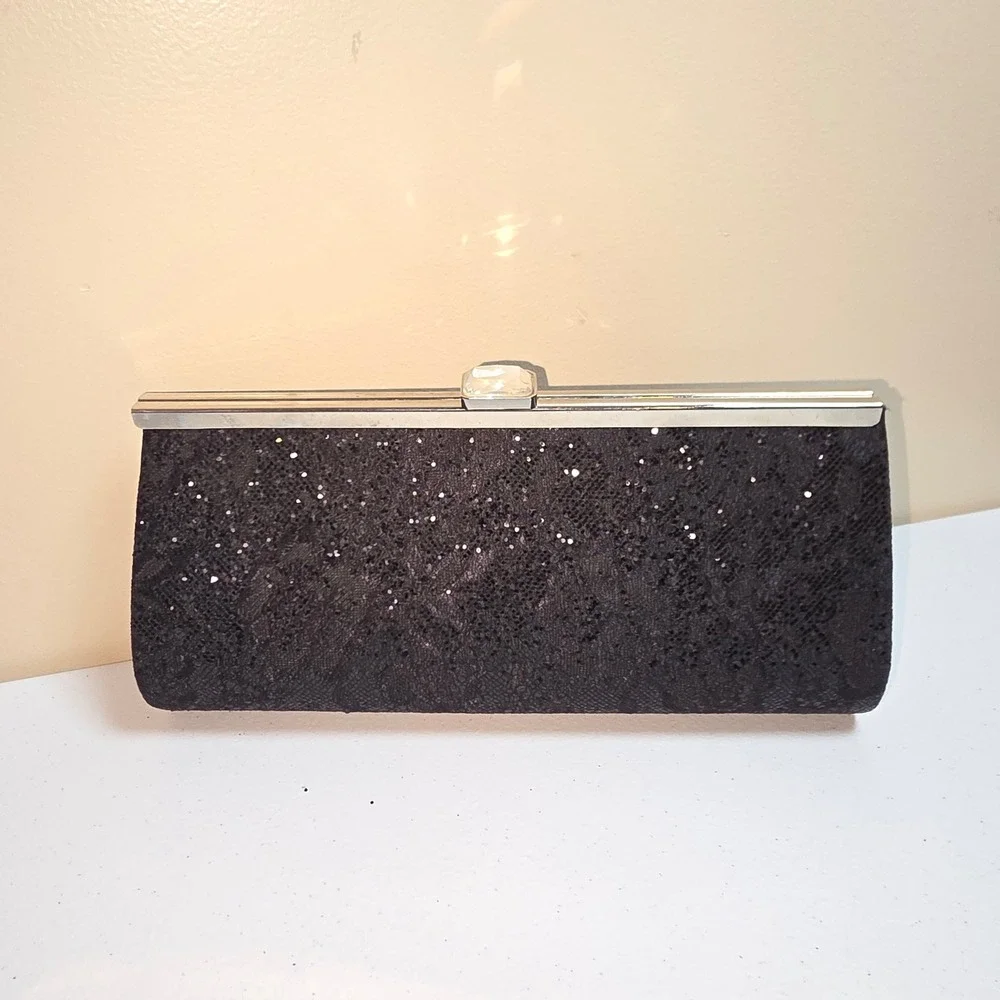 Black Lace Glitter‎ Evening Clutch Bag Silver Frame Jewel Clasp Formal Handbag